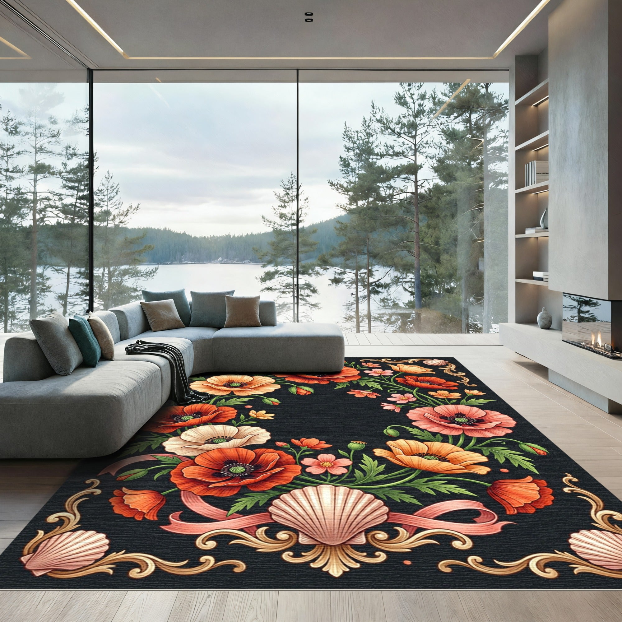 Vintage Floral Poppy Shell Wreath Rug