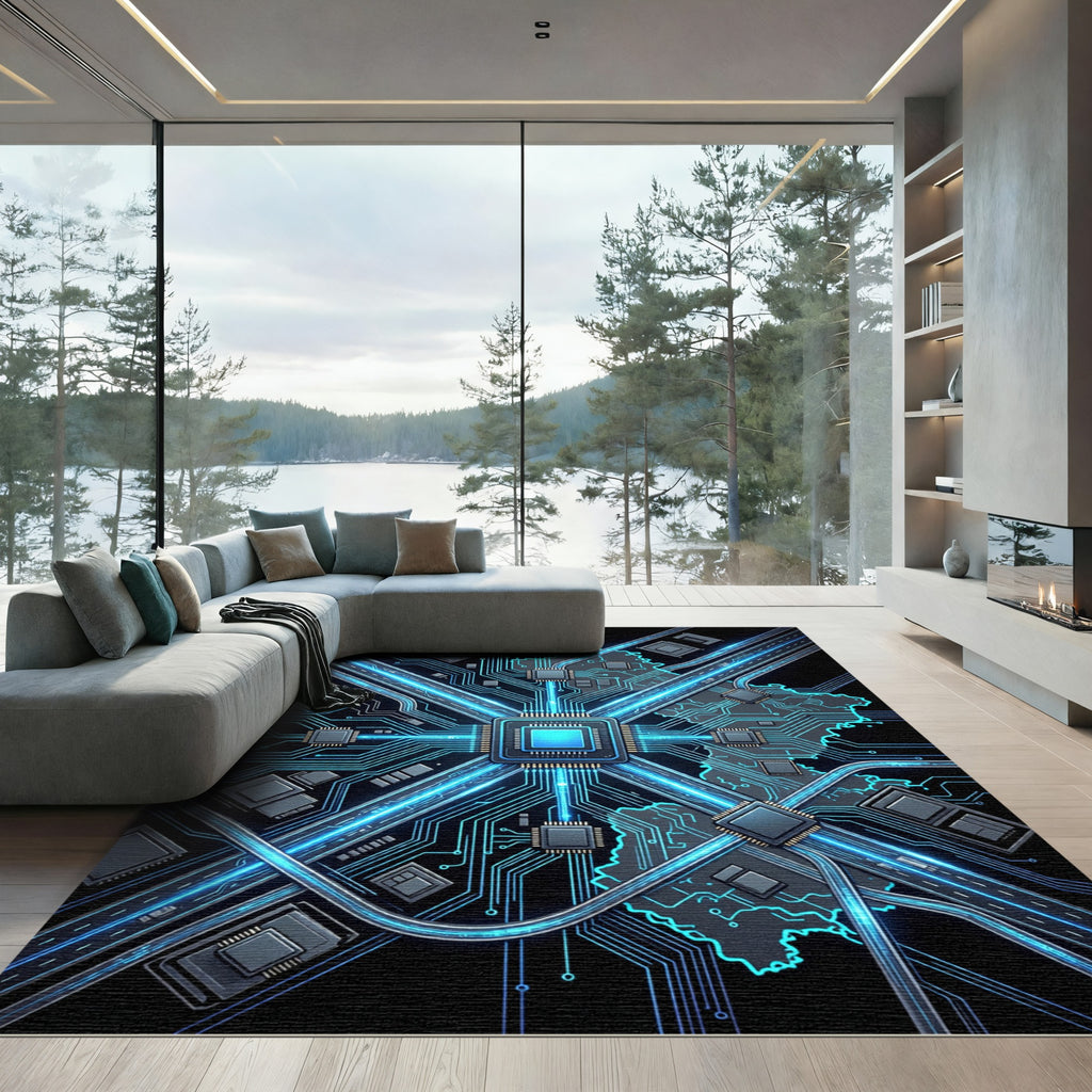 Cyber Circuit Blue Neon Grid Rug
