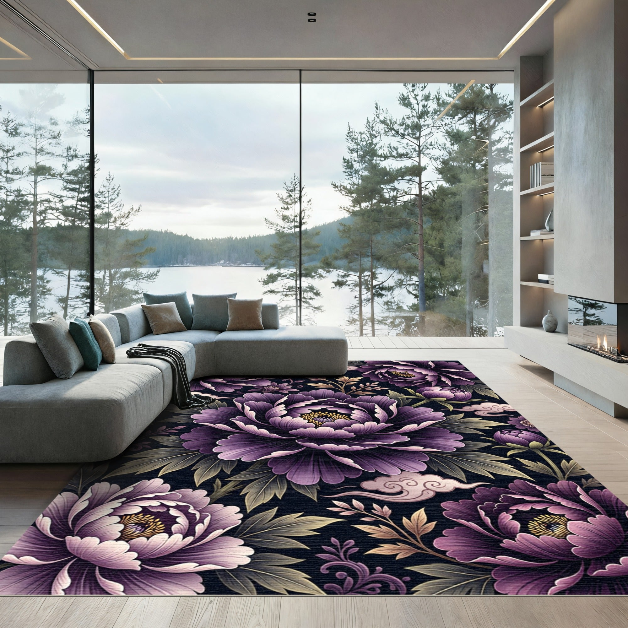 Velvet Purple Peony Cloud Illustration Rug