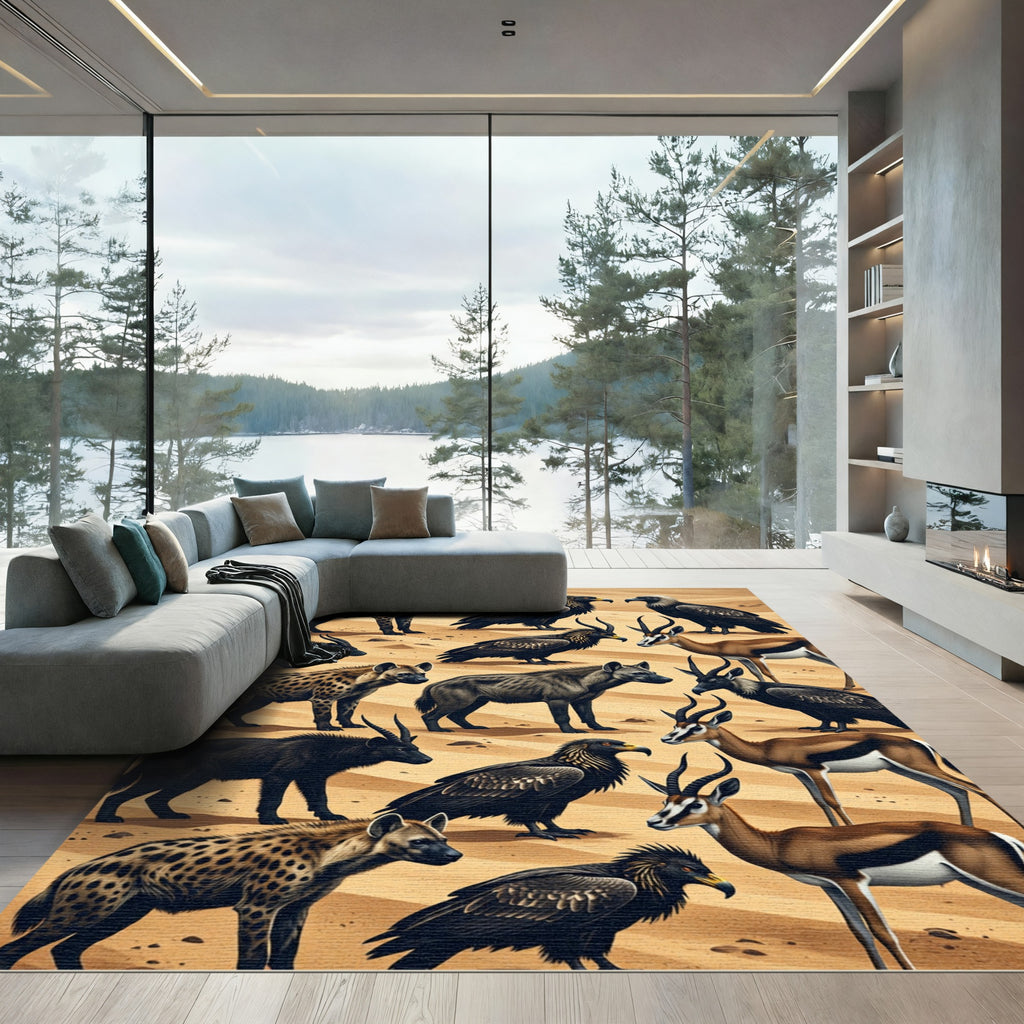 Savanna Wildlife Hyena Vulture Gazelle Illustration Rug