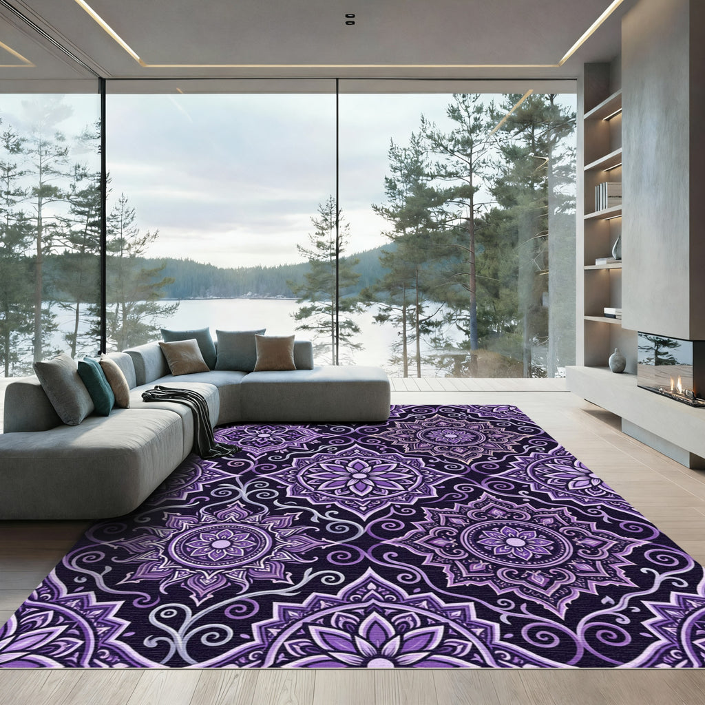 Regal Purple Floral Mandala Scroll Rug