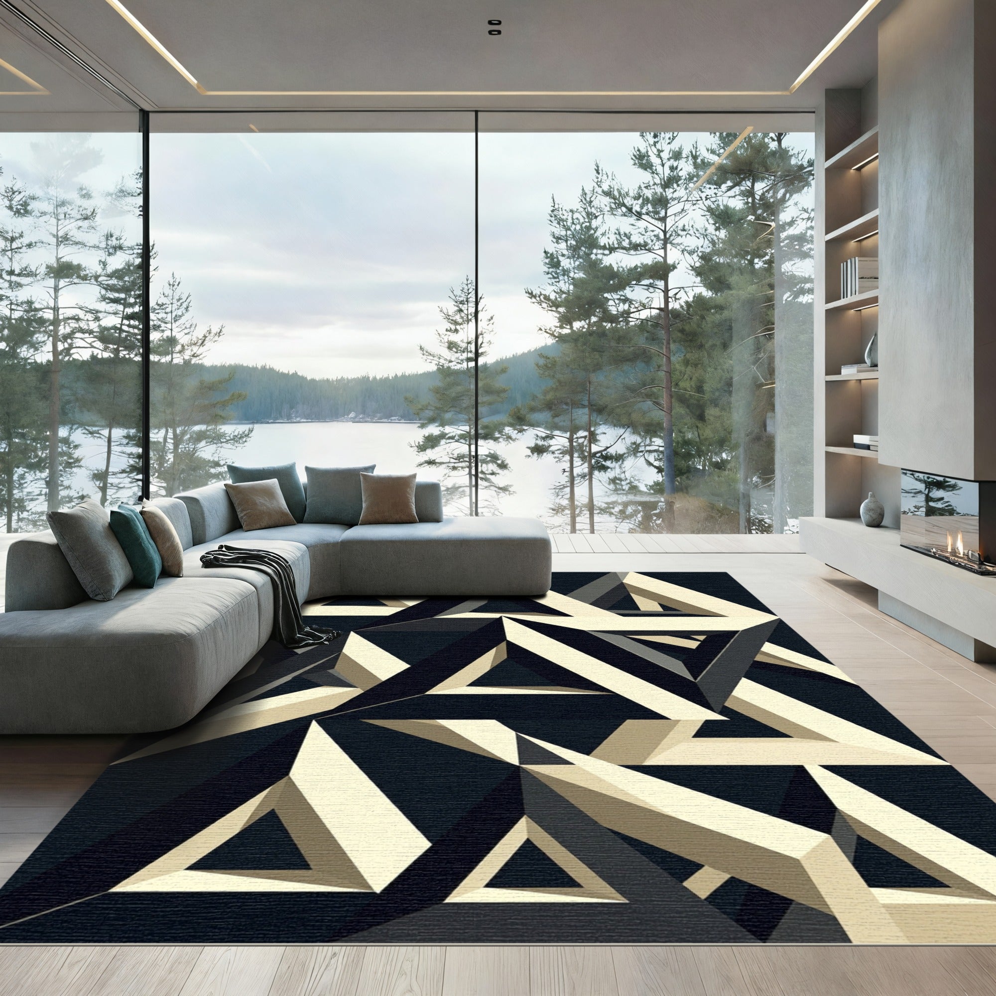 Modern Geometric Optical Illusion Black Beige Rug