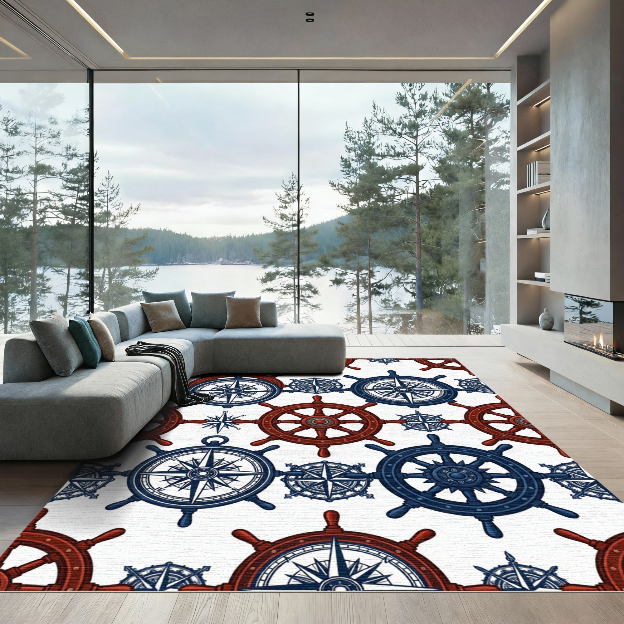 Nautical Compass and Helm Marine Tile Rug