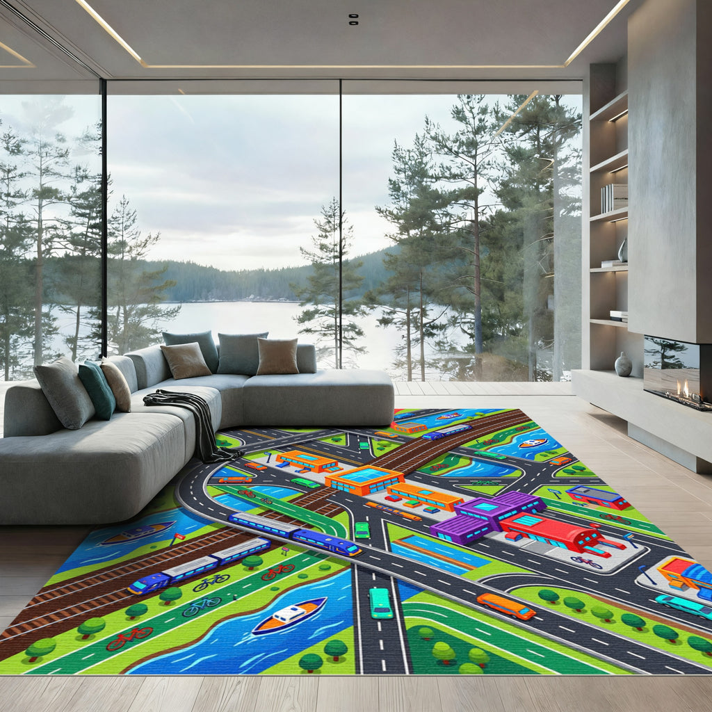 Vibrant Isometric City Transit Urban Map Rug