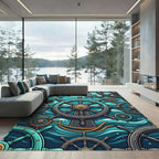 Nautical Teal Ship Wheel Ocean Waves Rug