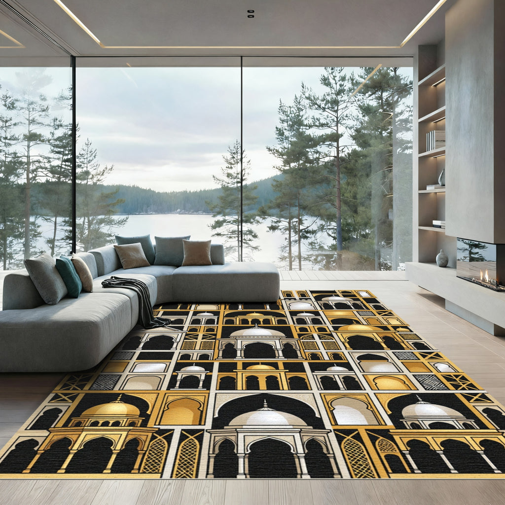 Golden Archway Geometric Mosque Landscape Rug