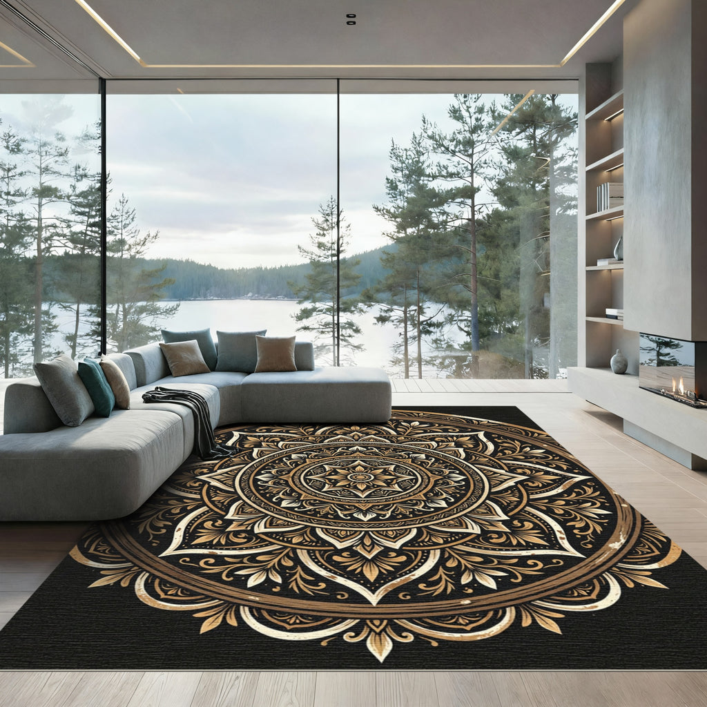 Ornate Gold Floral Symmetry Mandala Rug