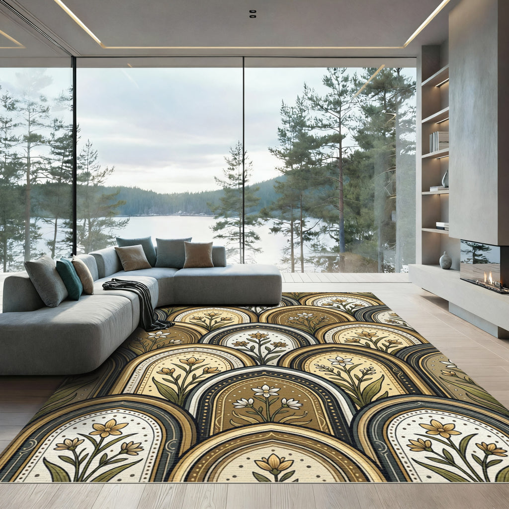 Earthy Tones Arch Floral Arrangement Rug