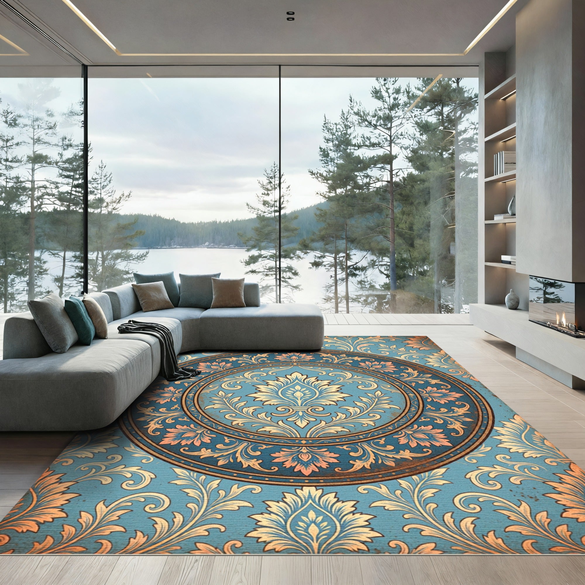 Ornate Damask Medallion in Dusty Blue Rug