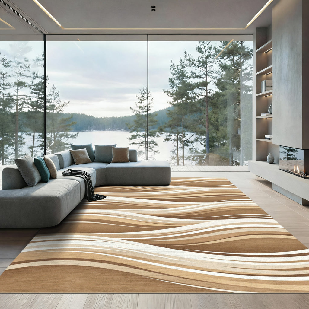 Modern Beige Flowing Abstract Wave Rug
