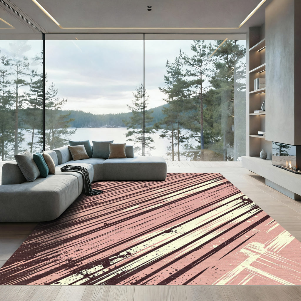 Crimson Abstract Striped Canvas Rug