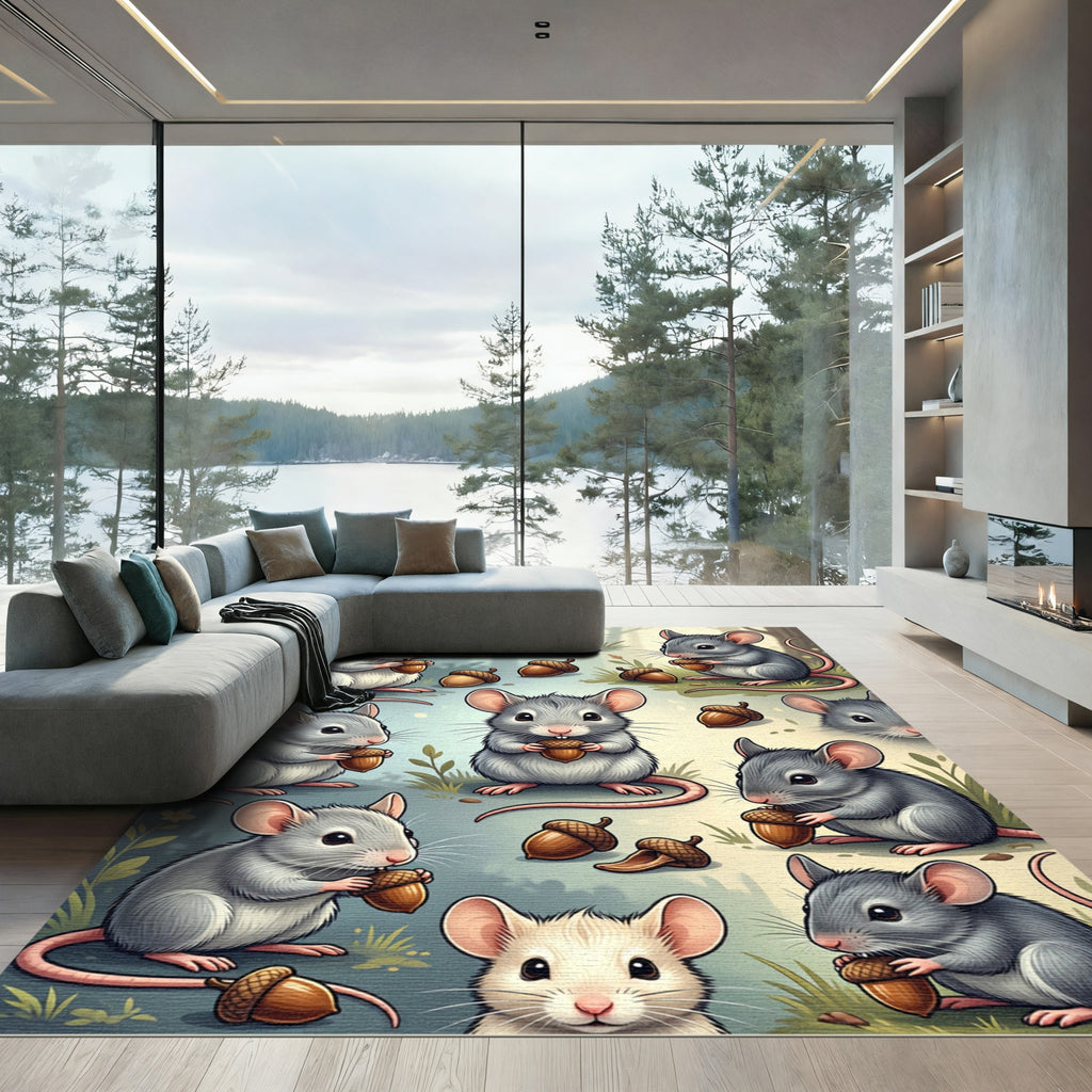Whimsical Gray Mouse and Acorn Illustration Rug