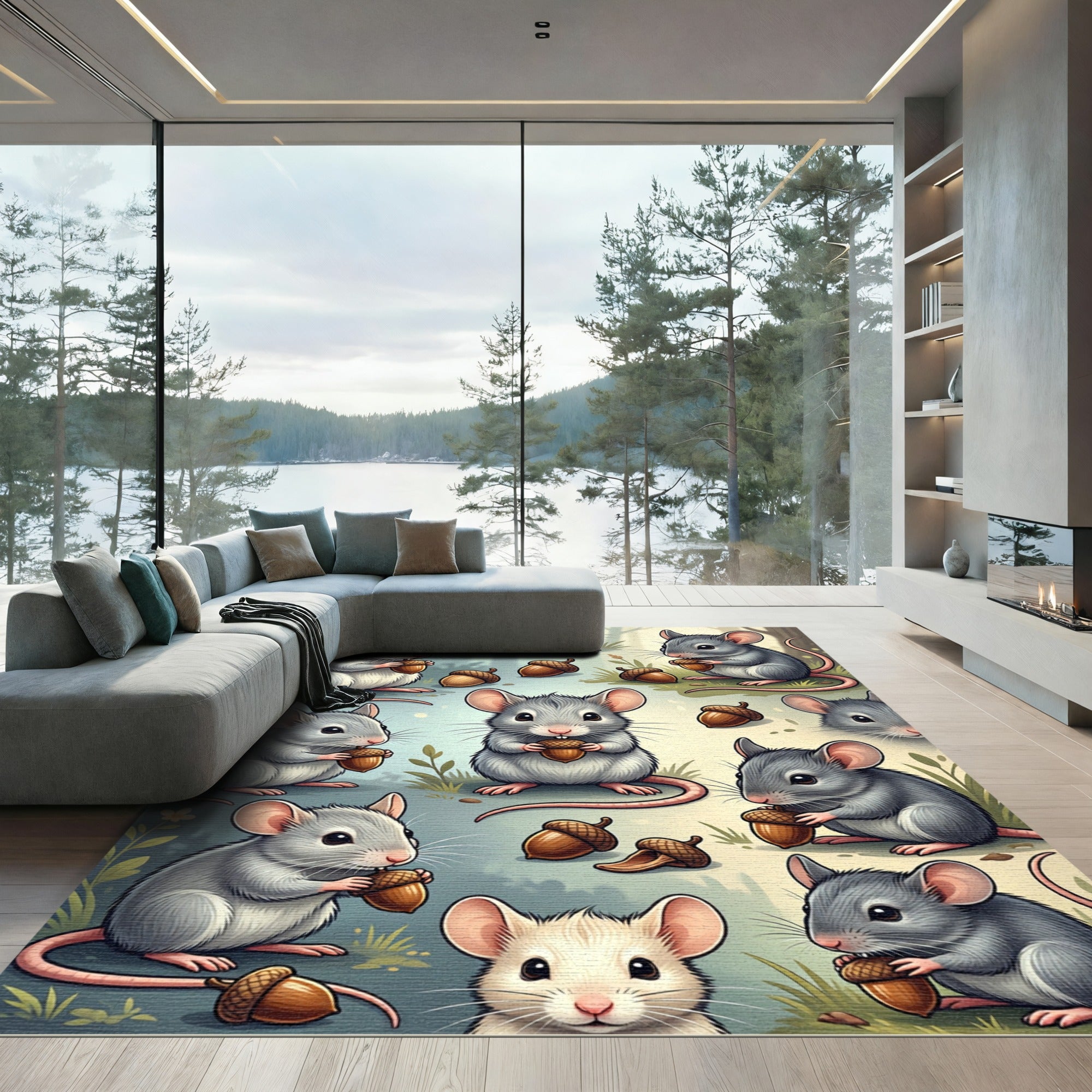 Whimsical Gray Mouse and Acorn Illustration Rug