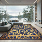 Ornate Cobalt Blue Floral Scroll Medallion Rug