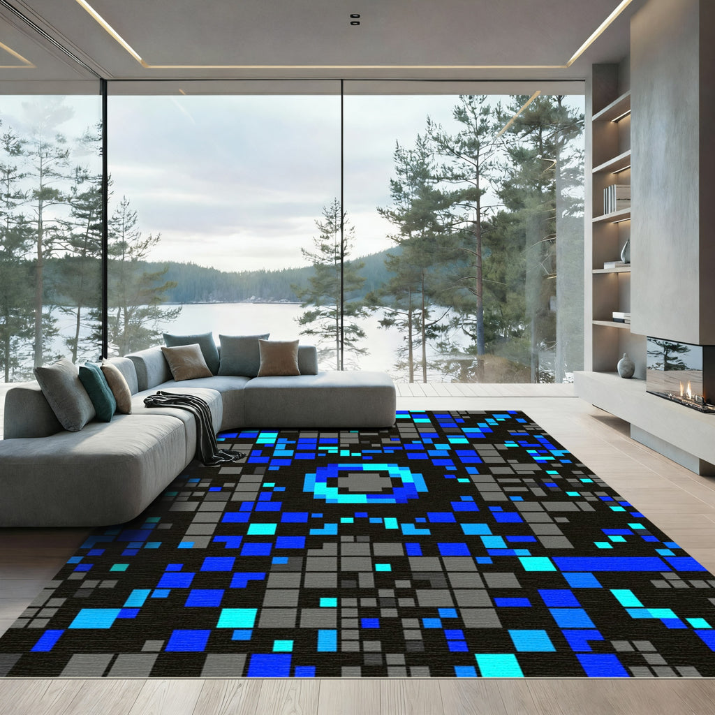 Modern Electric Blue Digital Pixel Mosaic Rug