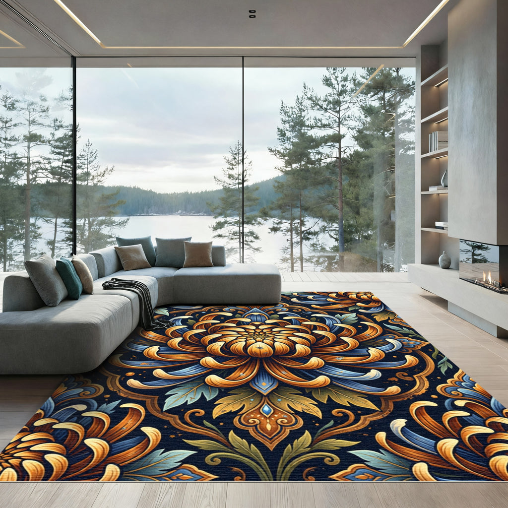 Bold Blue Orange Chrysanthemum Mandala Rug