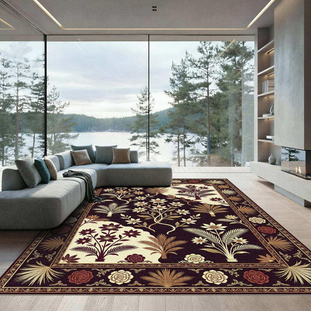 Rich Burgundy Floral Botanical Arrangement Rug