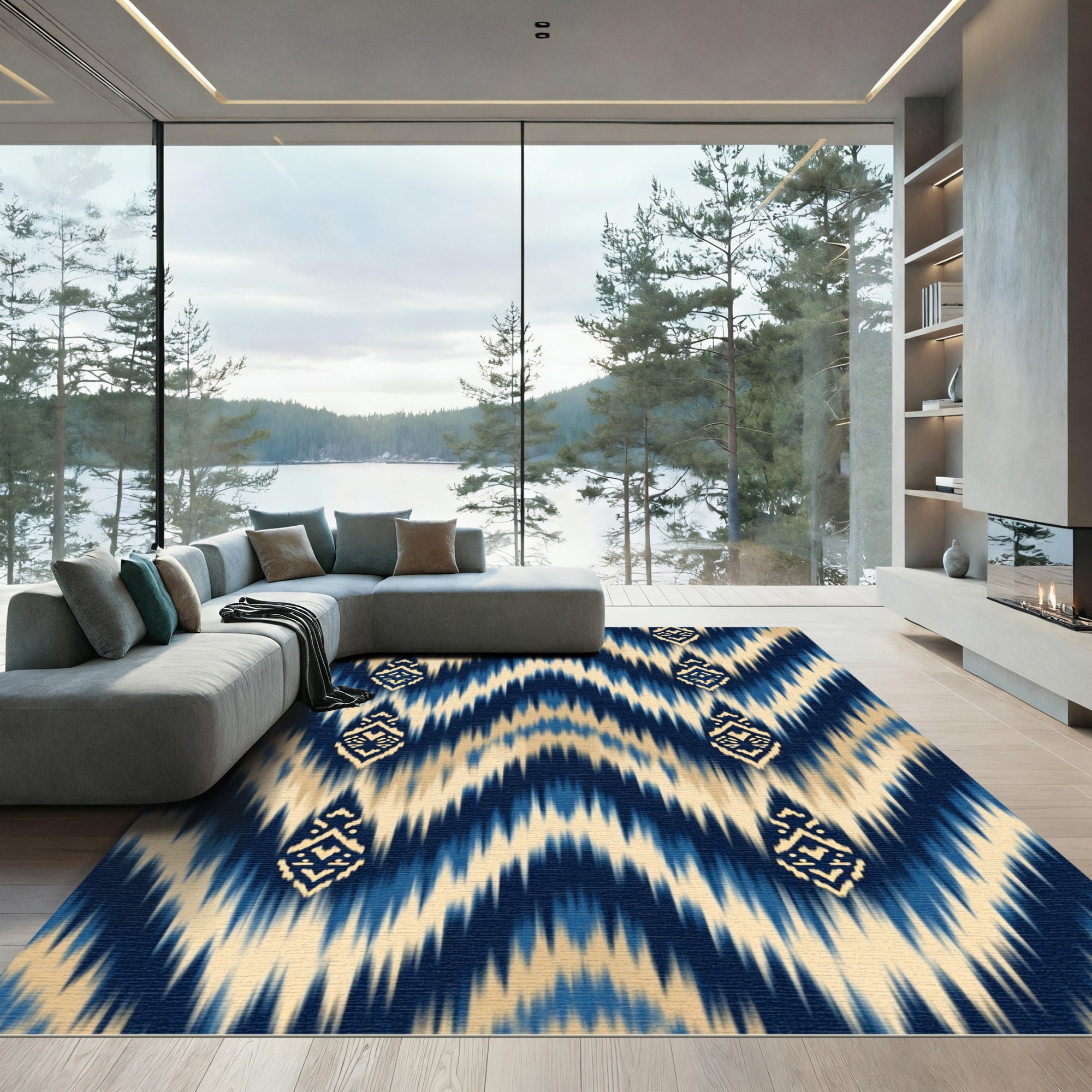 Navy Gold Ikat Chevron Geometric Rug
