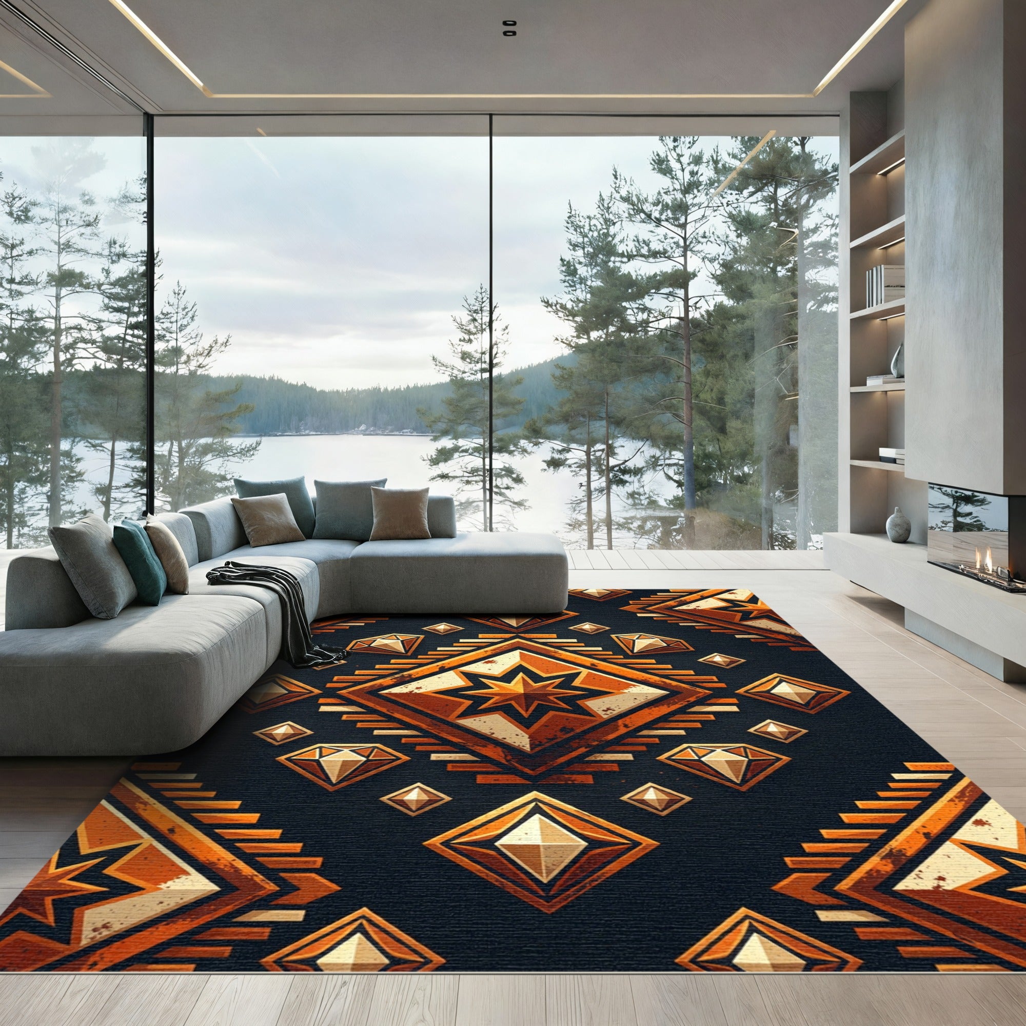 Earthy Golden Geometric Celestial Diamond Rug