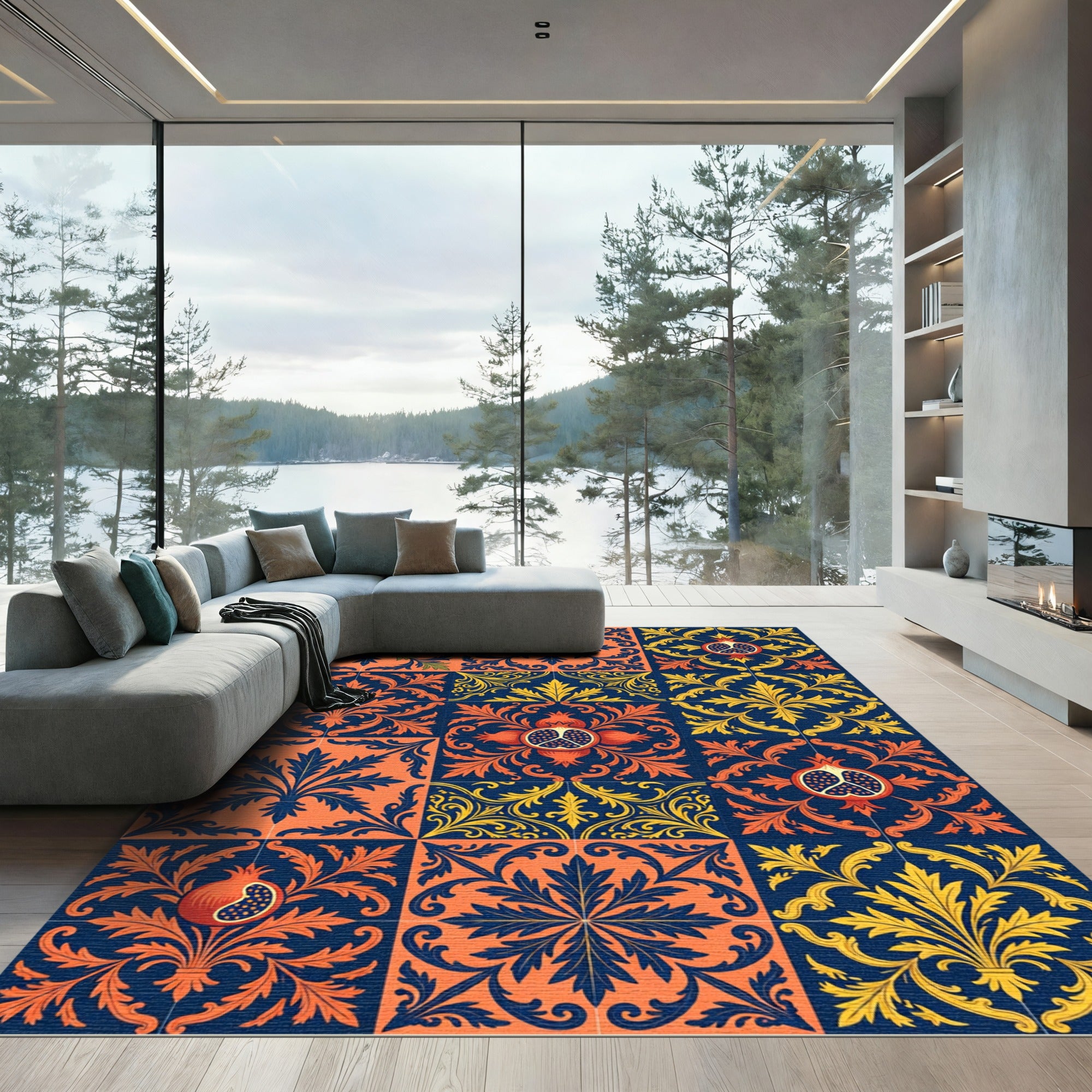 Orange Blue Pomegranate Tile Intaglio Rug
