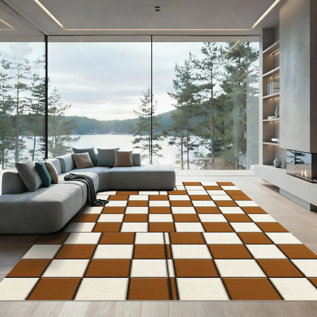 Modern Burnt Sienna Geometric Checkerboard Rug