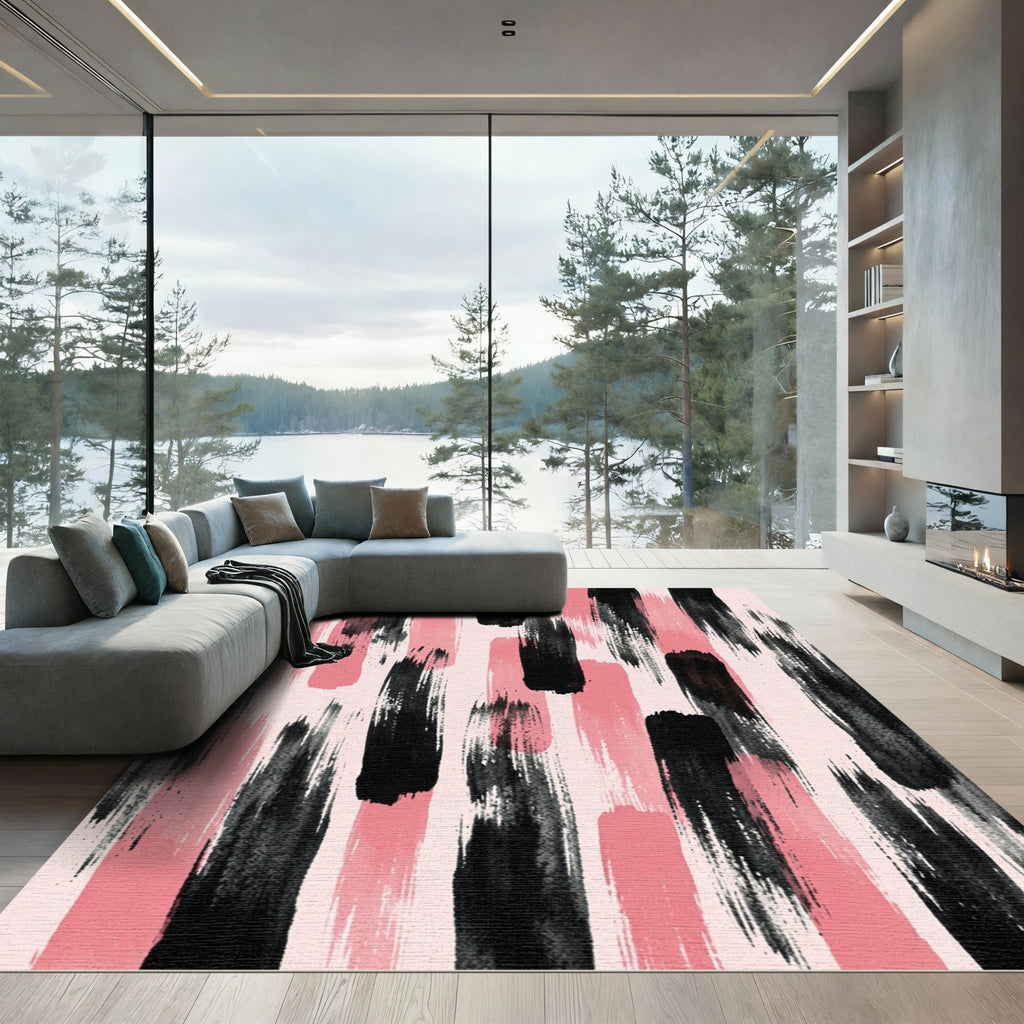 Pink Black Brush Stroke Vertical Rug