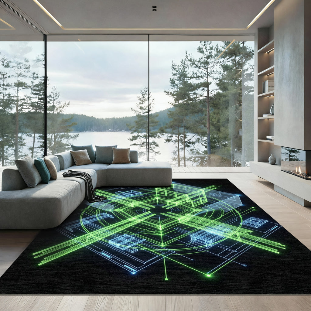 Cyber Neon Geometric Blueprint Grid Rug