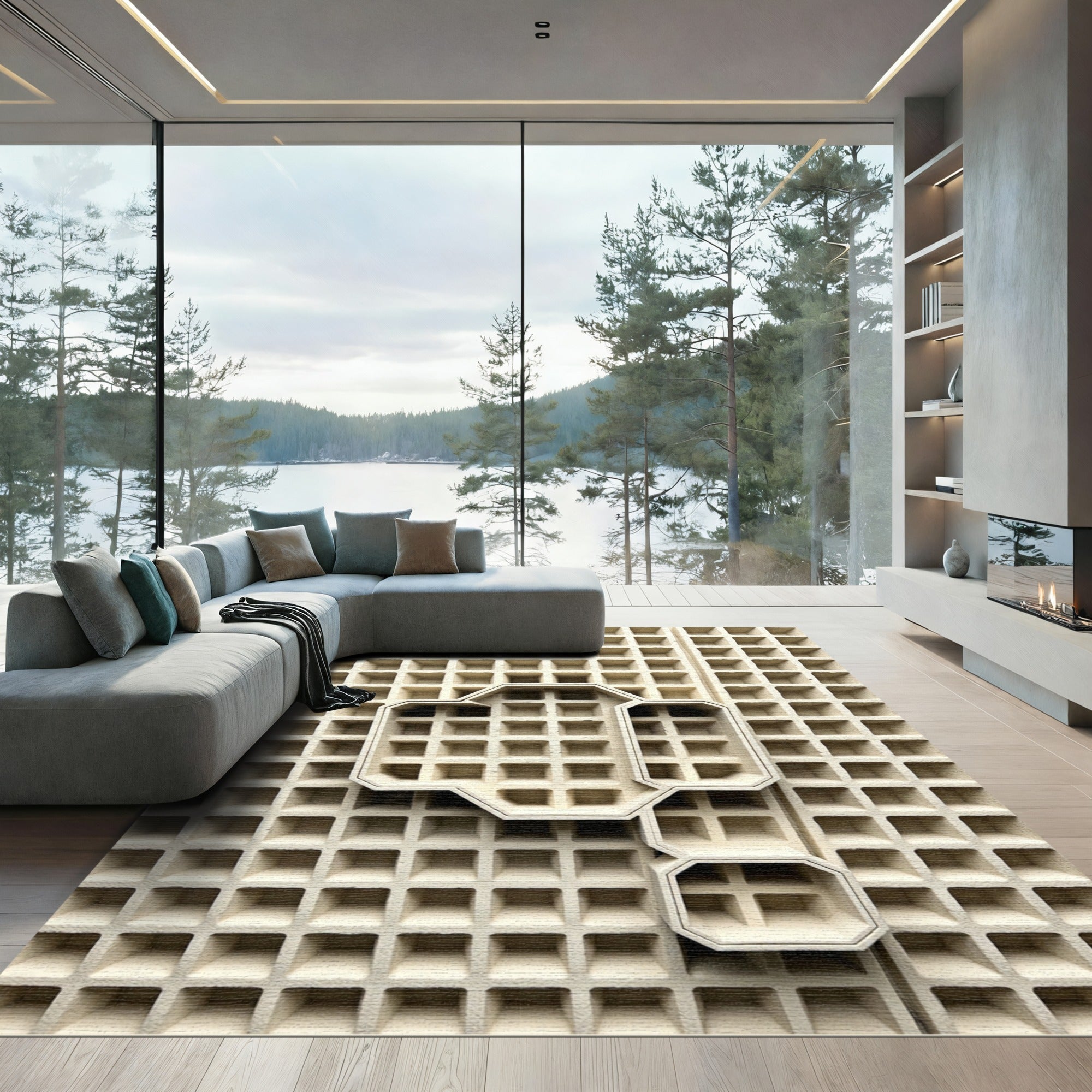 Cream Geometric Sculptural Grid Waffle Rug