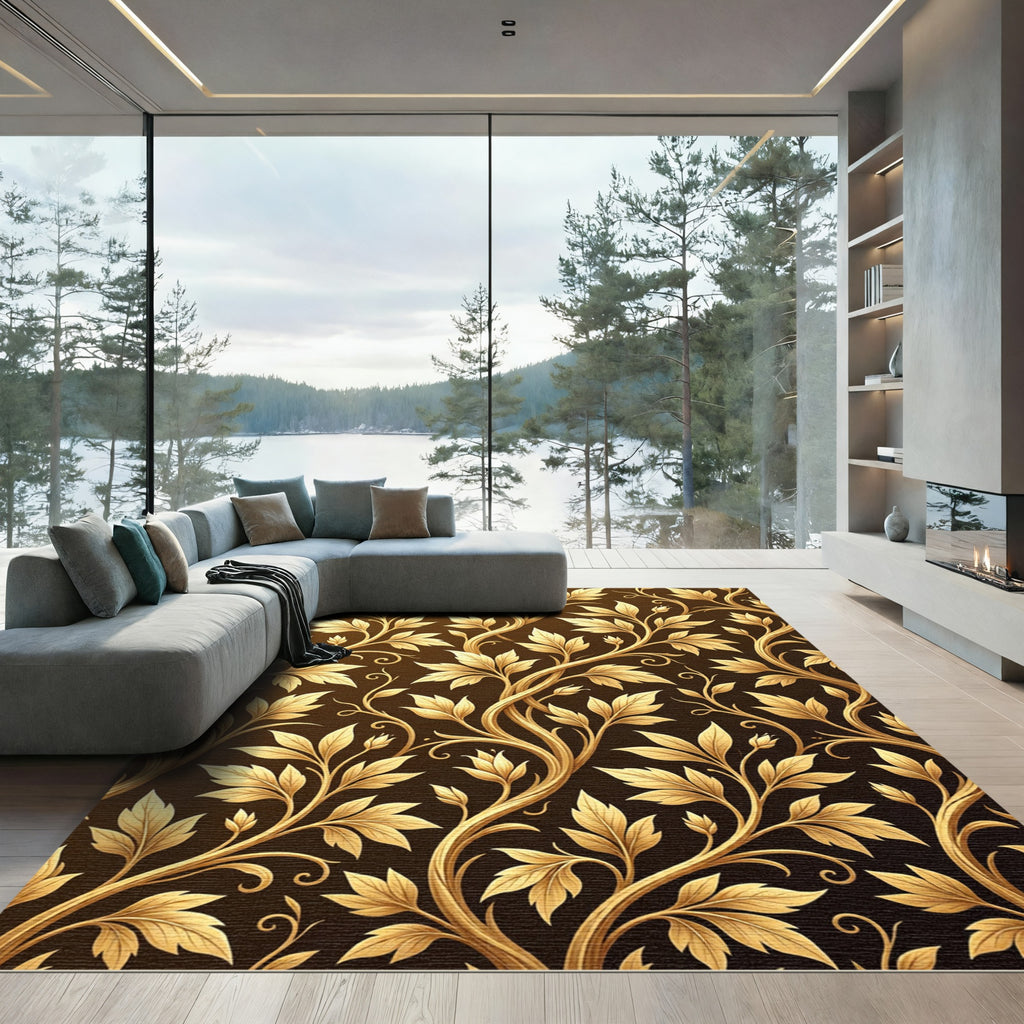Golden Ornate Foliage Swirls on Bronze Rug