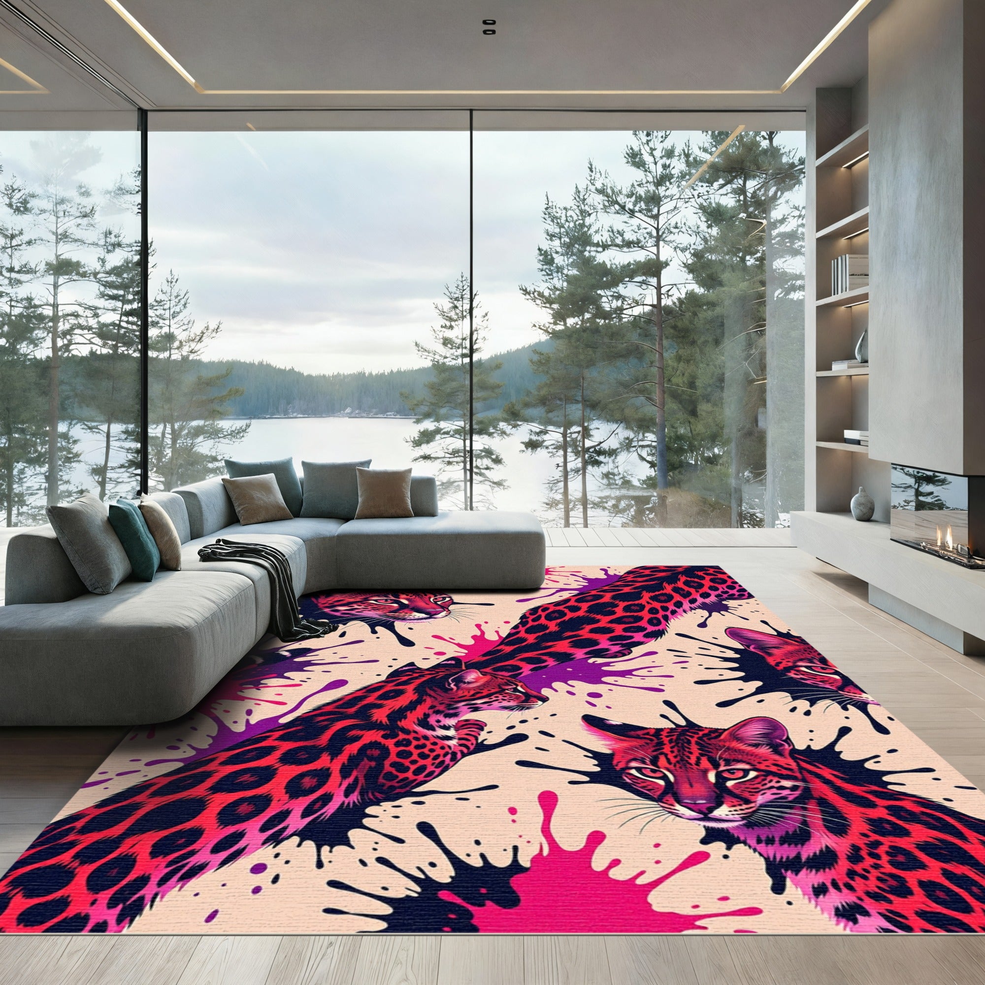 Vibrant Red Leopard Splatter Collage Rug