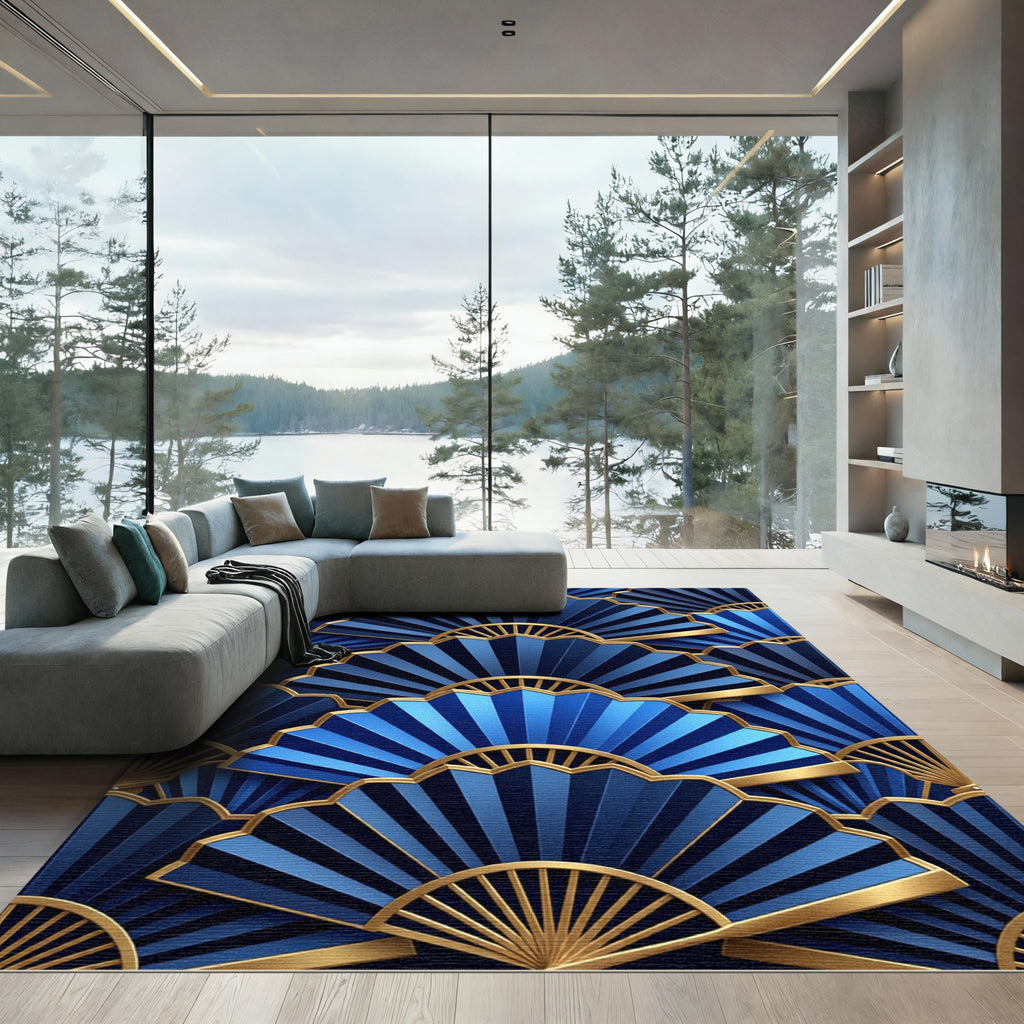 Art Deco Blue Gold Fan Repeat Rug