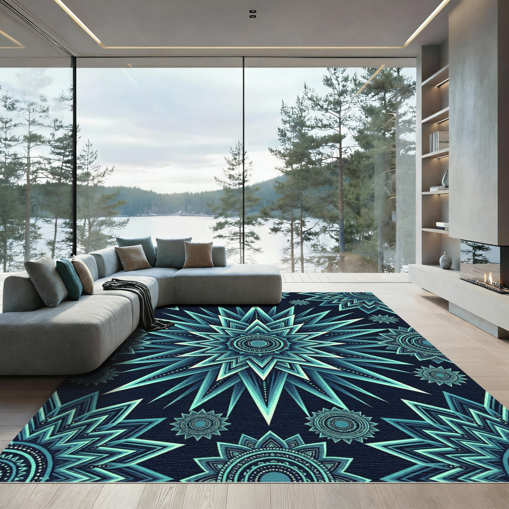 Geometric Teal Celestial Star Medallion Rug