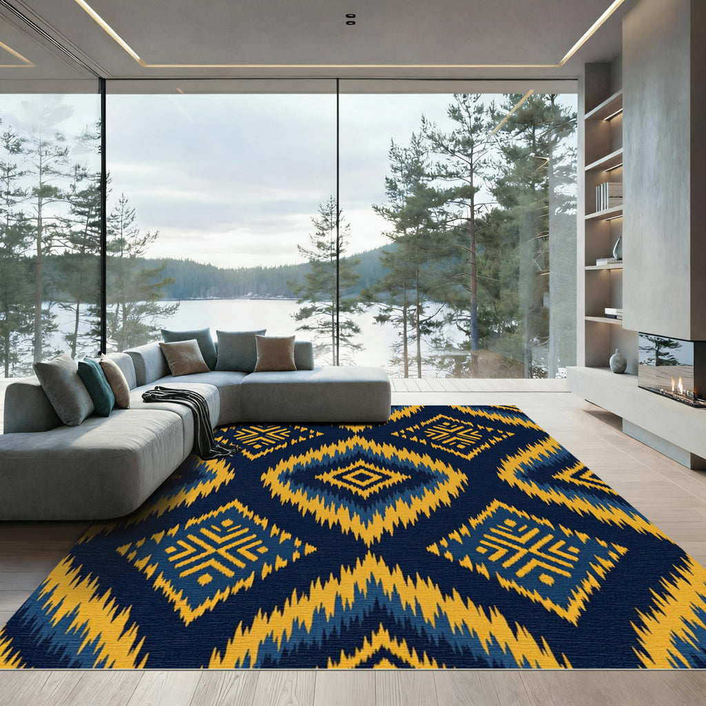 Navy Blue Yellow Ikat Diamond Rug