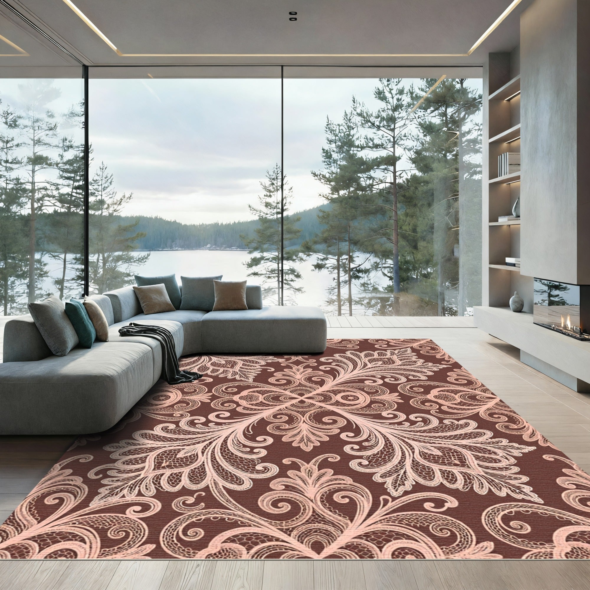 Rose Lace Damask Swirl Rug