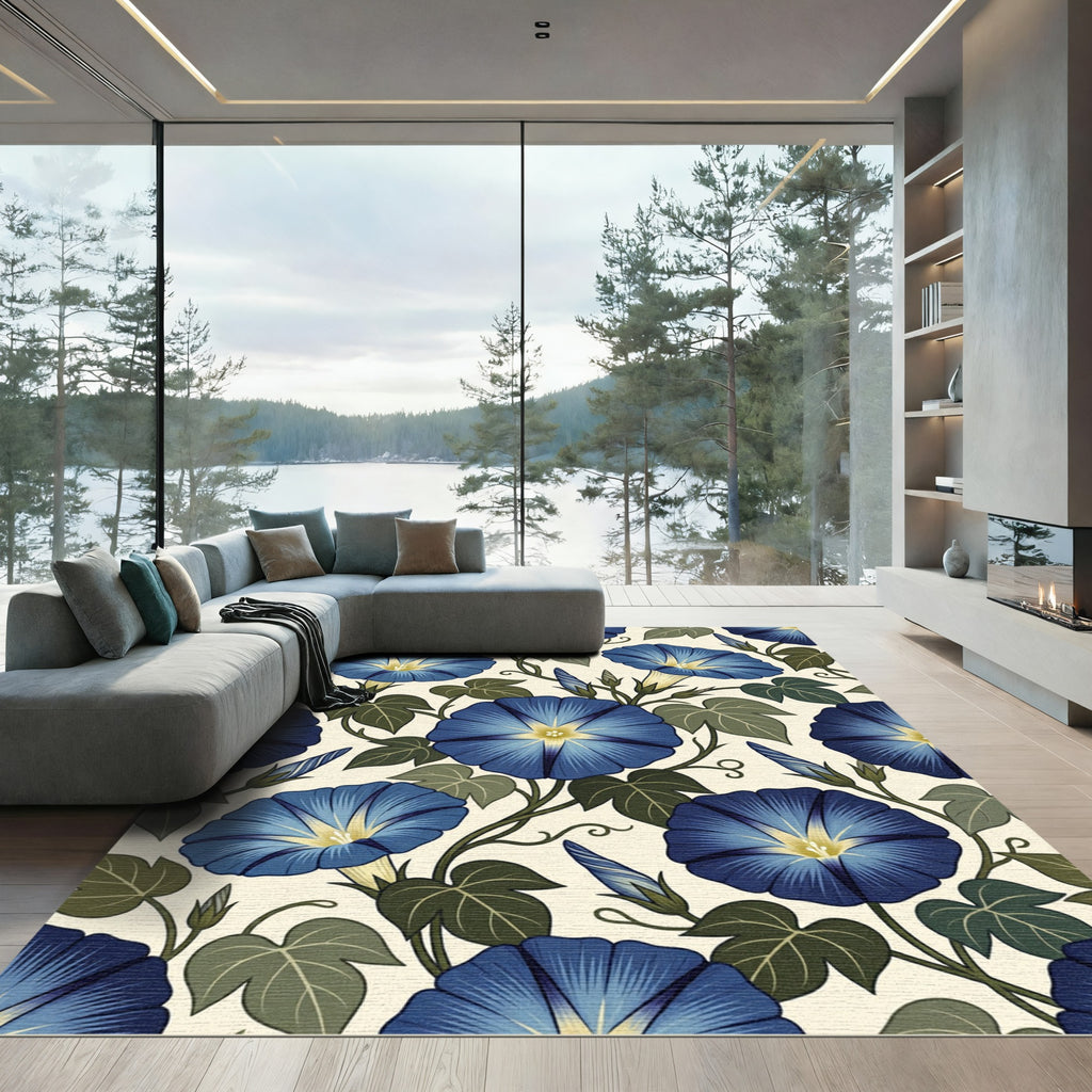 Deep Blue Morning Glory Botanical Vines Rug