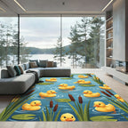 Playful Yellow Ducklings in Blue Pond Rug