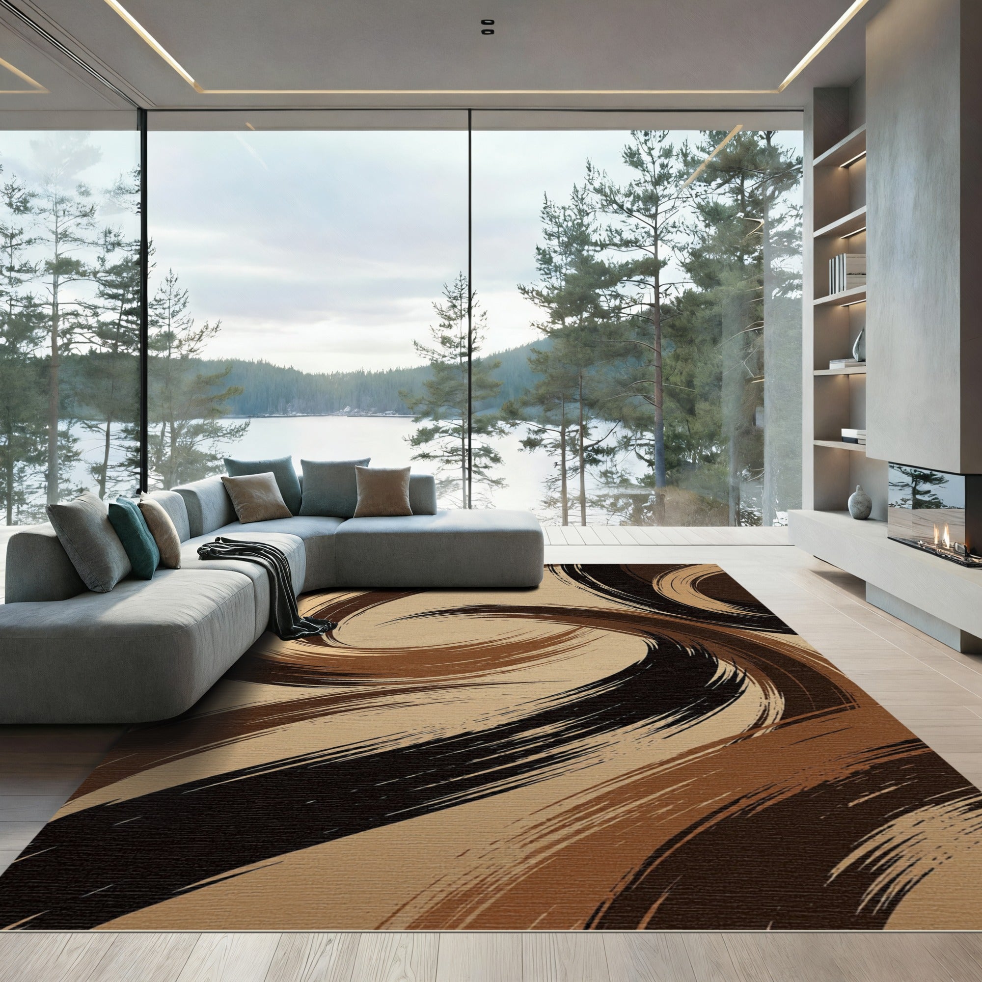 Modern Bronze Abstract Swirl Rug