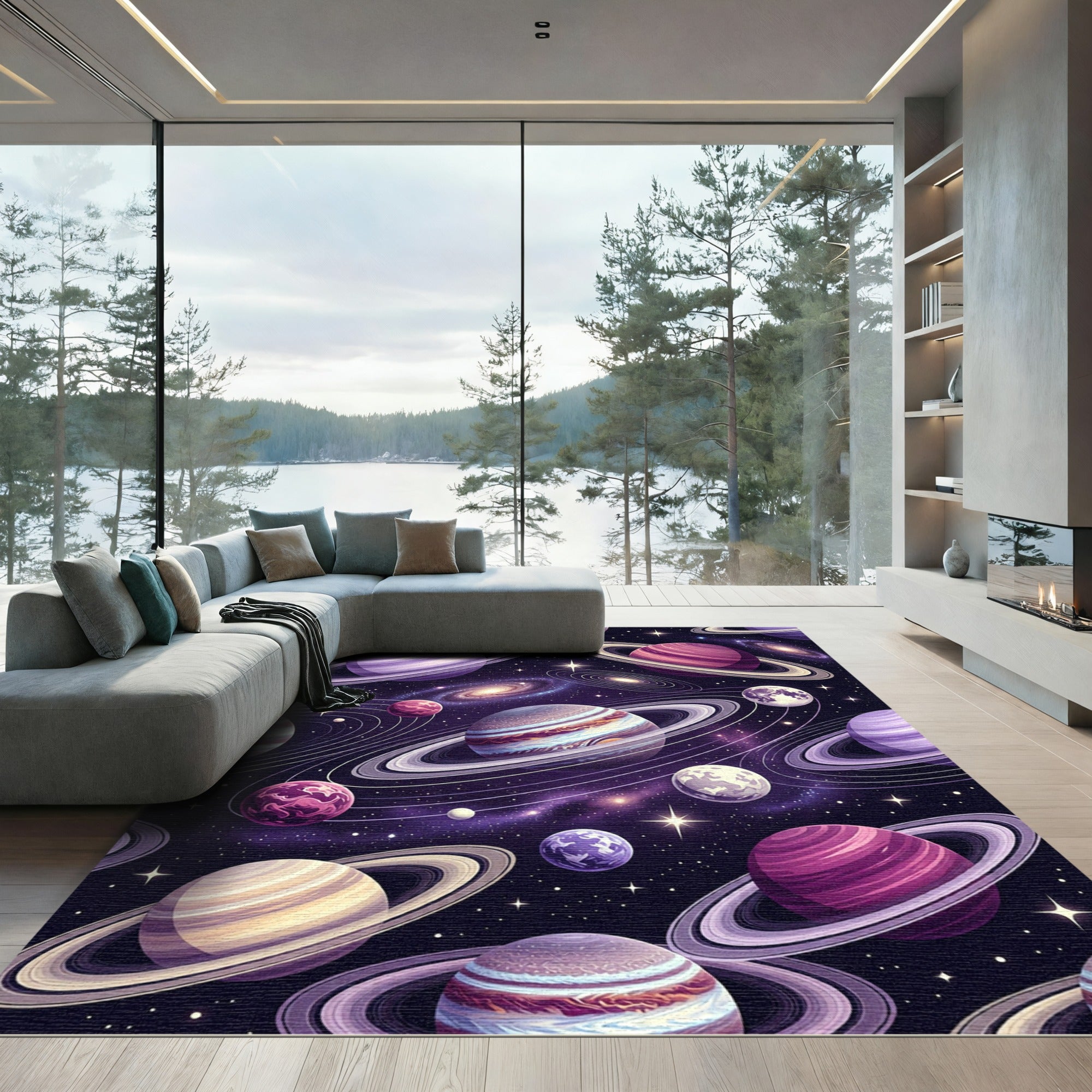 Cosmic Purple Planetary Orbit Galaxy Art Rug