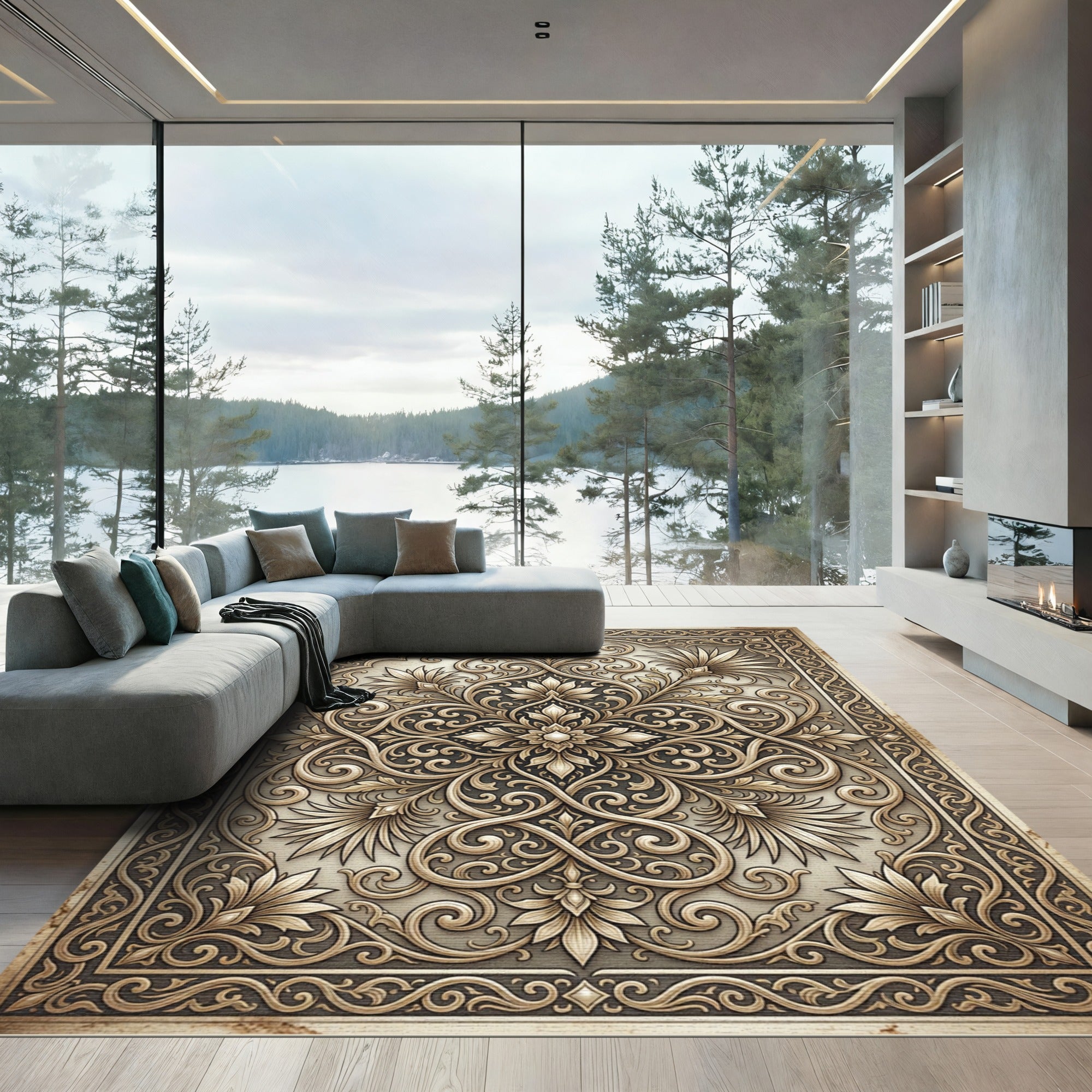 Elegance Ornate Gold Floral Scrollwork Rug