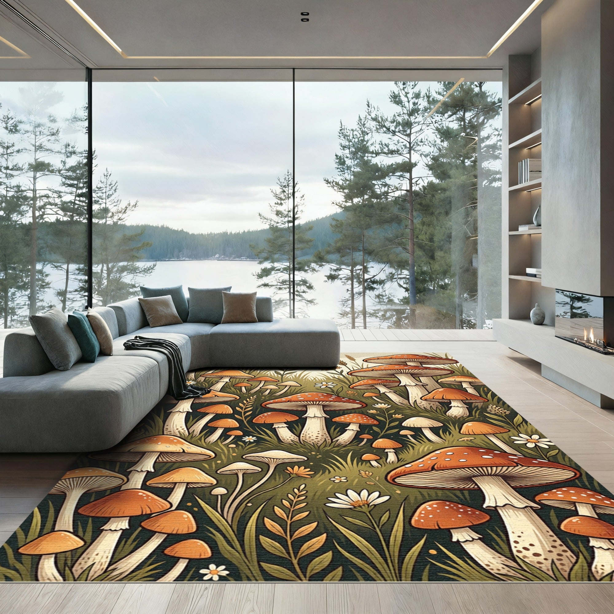 Whimsical Earthy Orange Mushroom Meadow Field Rug