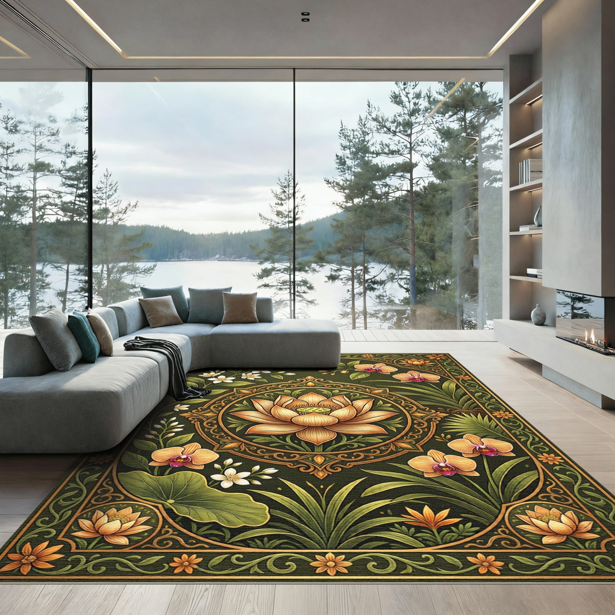 Earthy Gold Lotus Orchid Botanical Tapestry Rug