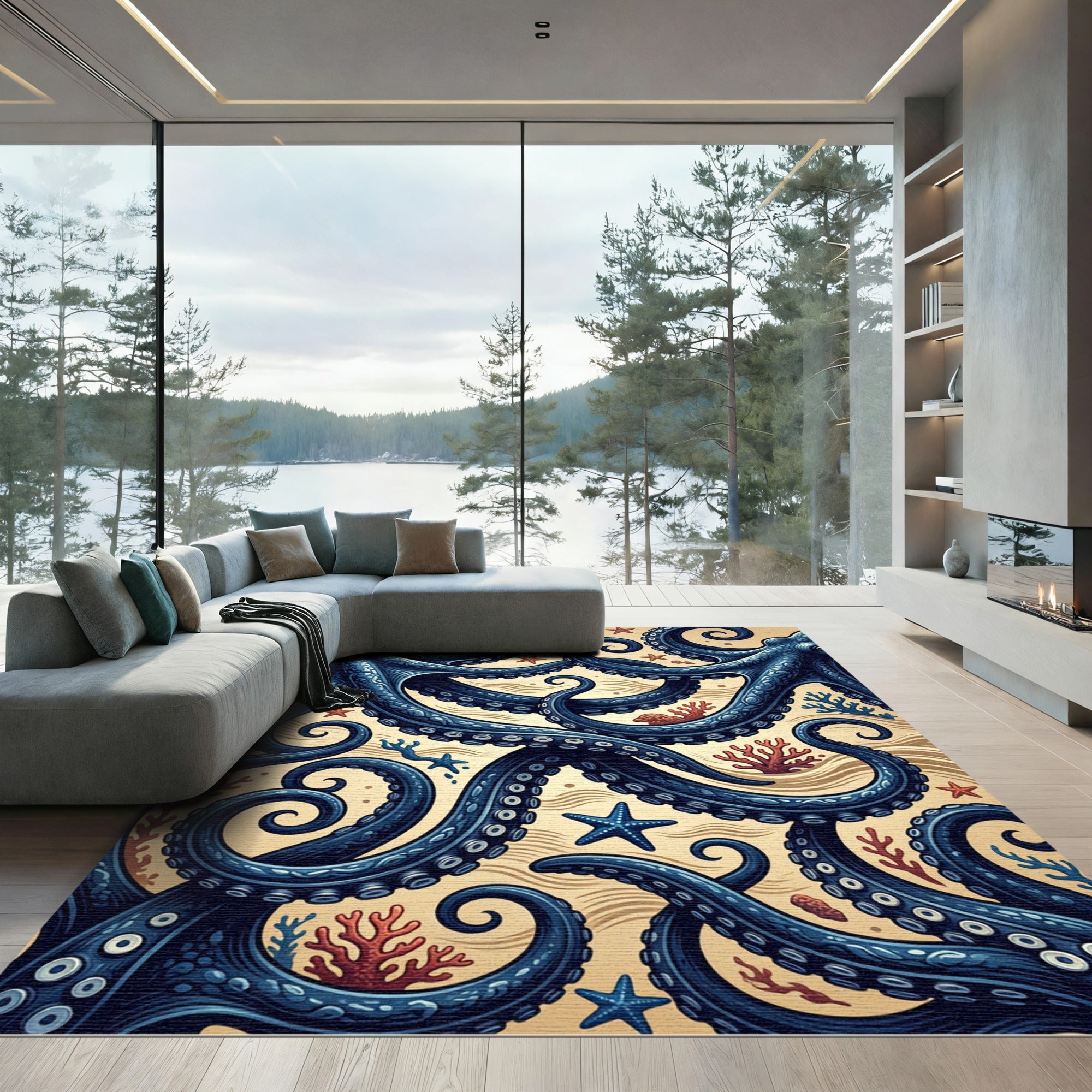 Intricate Navy Octopus Tentacle Sea Floor Rug