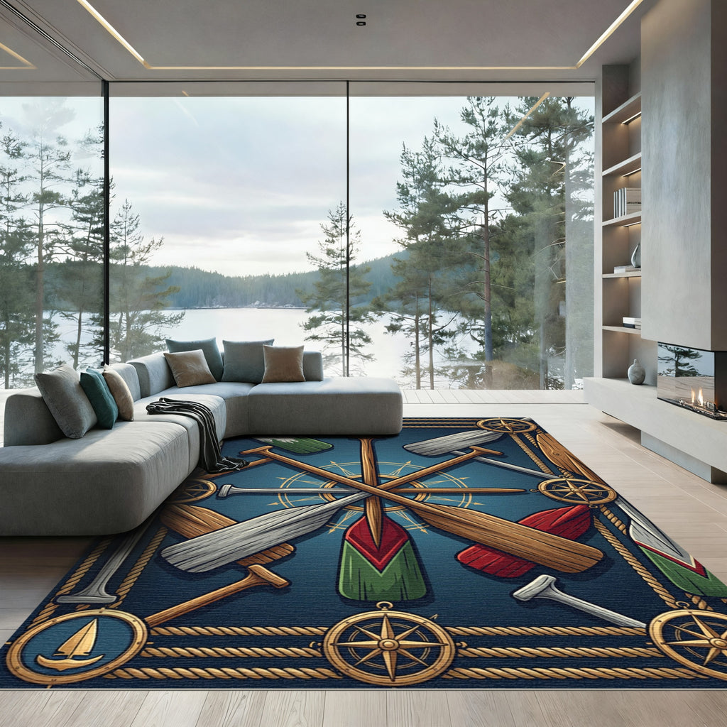 Nautical Compass Oar Navy Maritime Art Rug