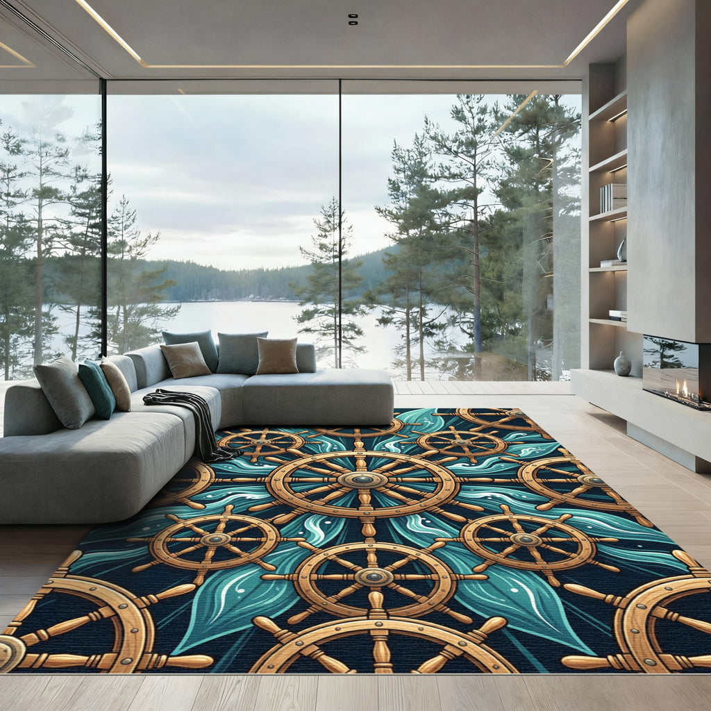 Nautical Golden Ship Wheel Wave Ocean Rug