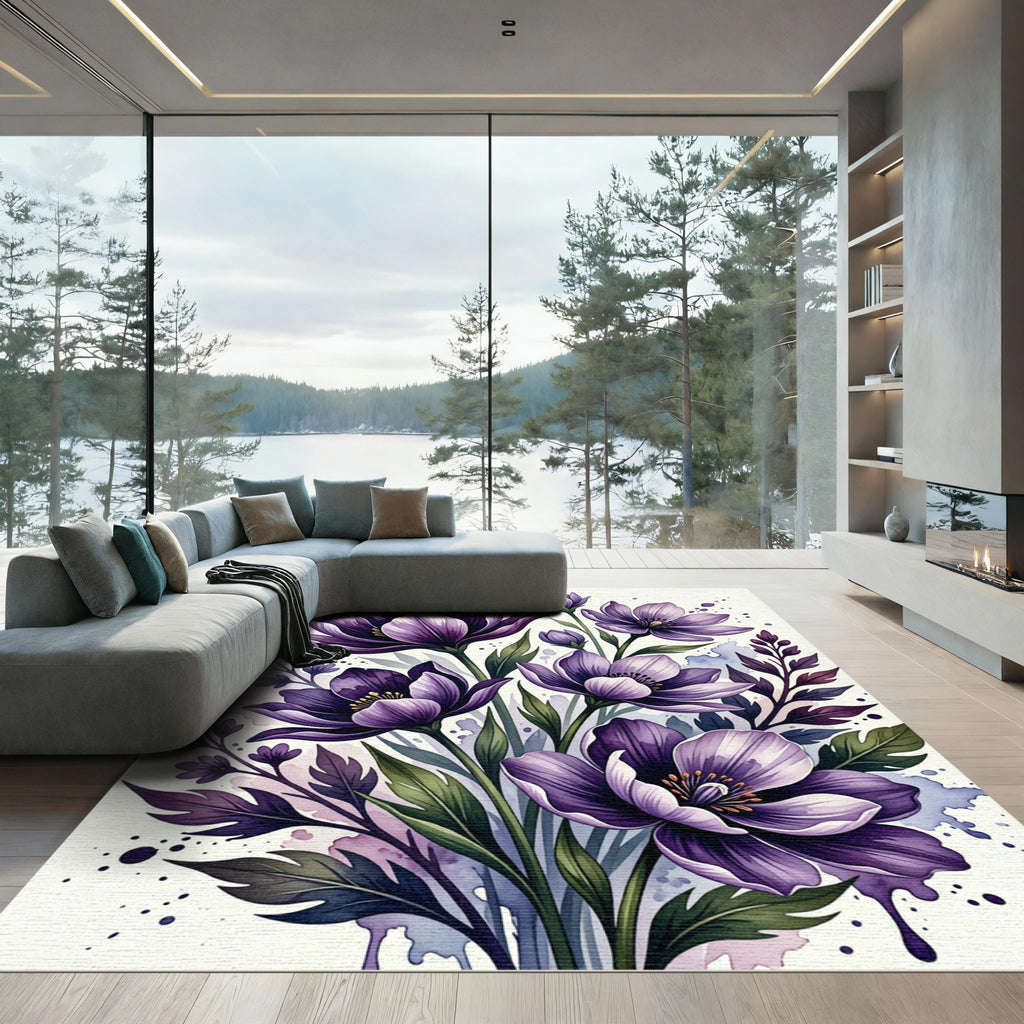 Deep Amethyst Floral Watercolor Burst Rug