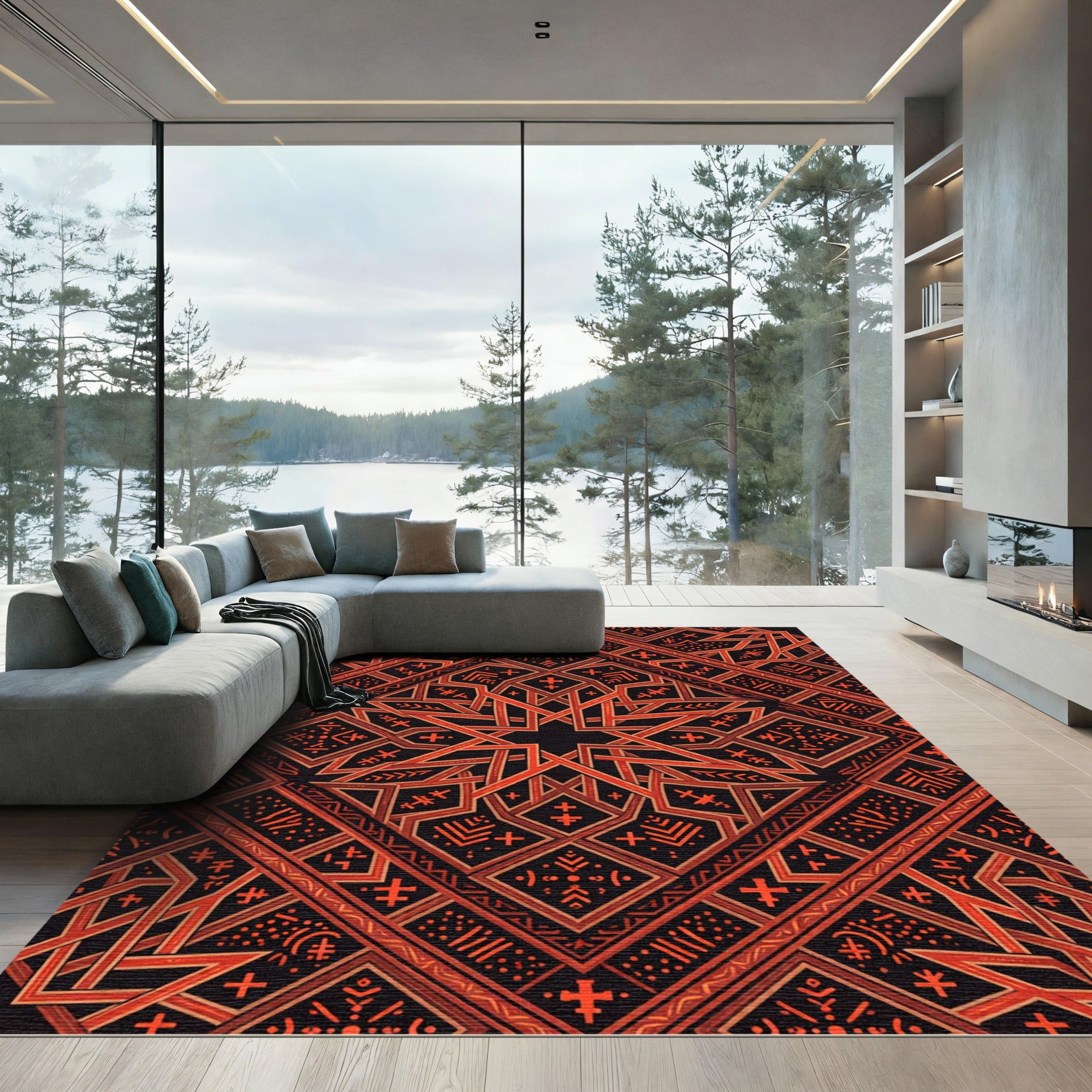 Crimson Geometric Diamond Cross Medallion Rug