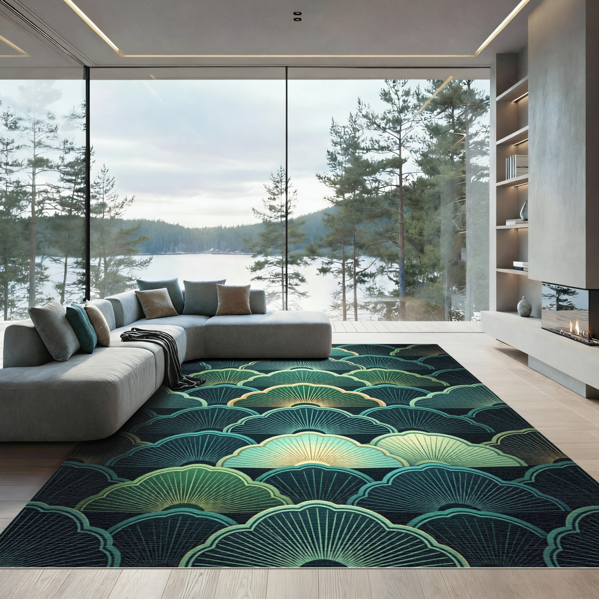 Art Deco Emerald Fan Composition Rug