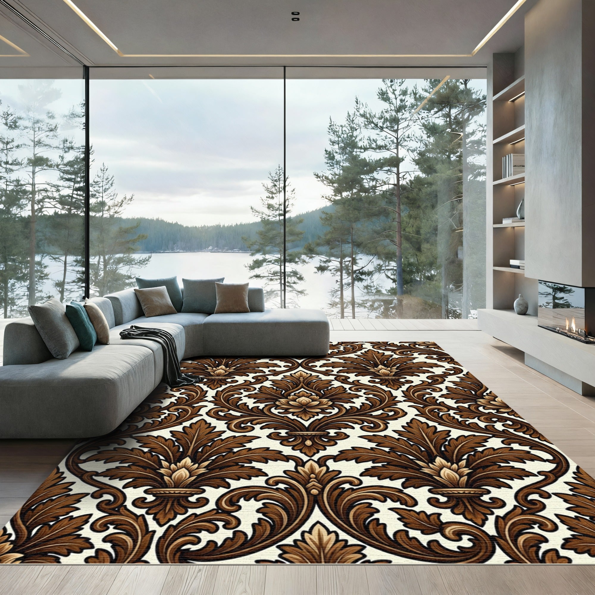Elegant Brown Damask Scroll Ornate Rug