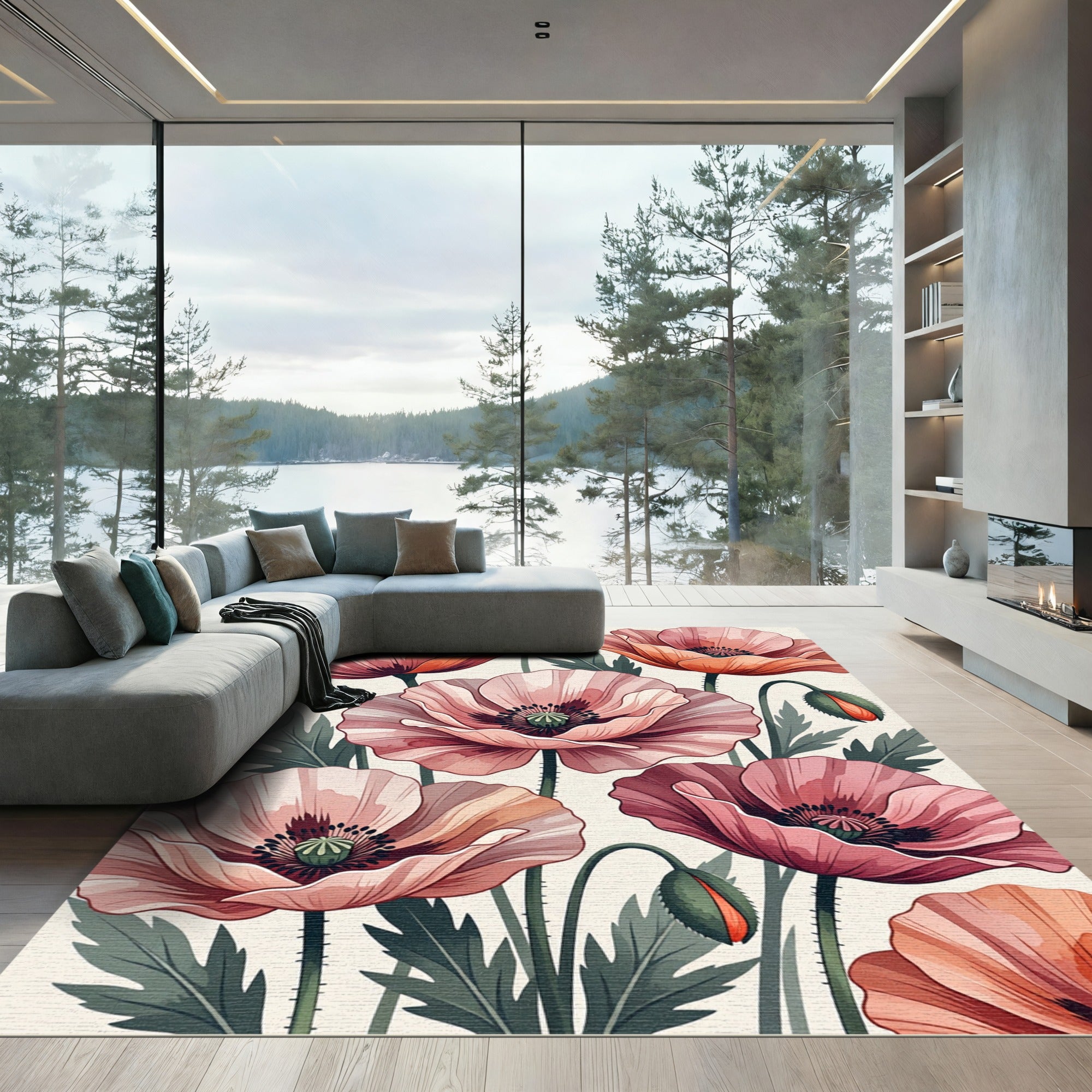 Soft Pink Poppy Floral Garden Art Rug