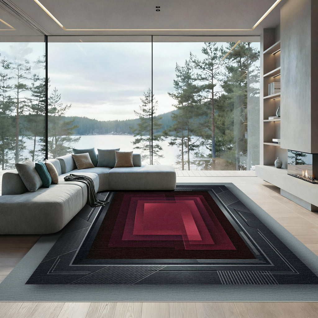 Deep Red Geometric Stack Rug